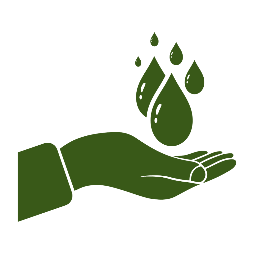 icono mano  y gotitas de agua, color verde